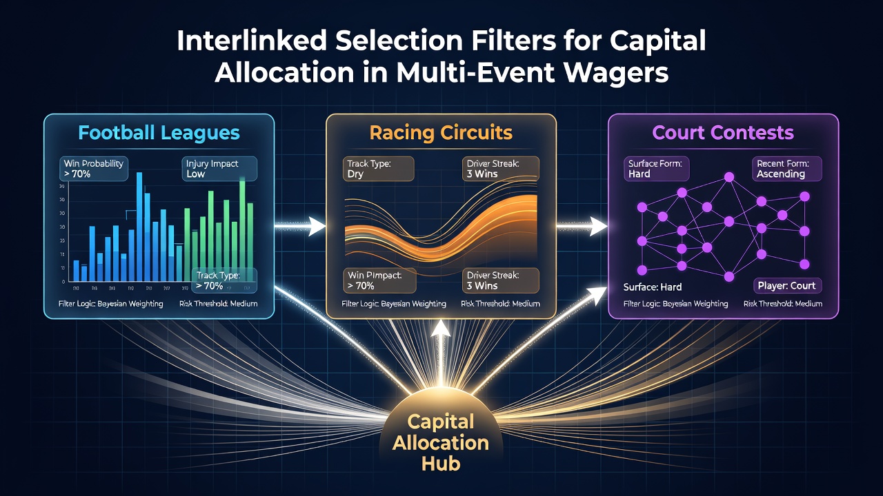 Diagram showing interconnected filters for multi-event wager selection across sports