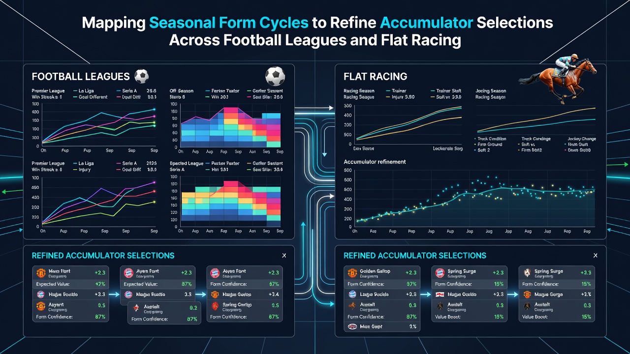 Detailed seasonal cycle graphs comparing football team performance and flat racing horse form across multiple months