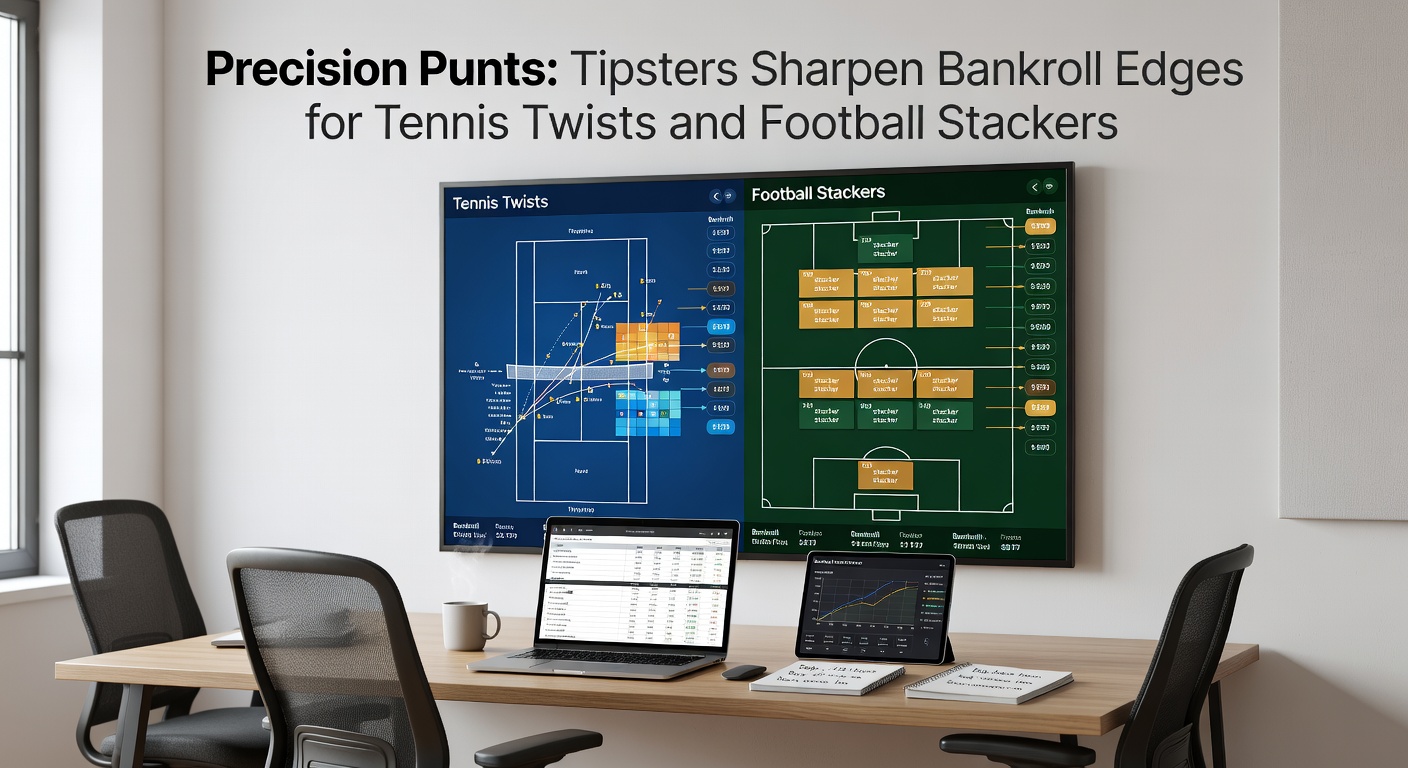 Close-up of a tennis player mid-serve on clay court juxtaposed with a digital accumulator bet slip for Premier League matches, symbolizing tipster fusion of sports precision