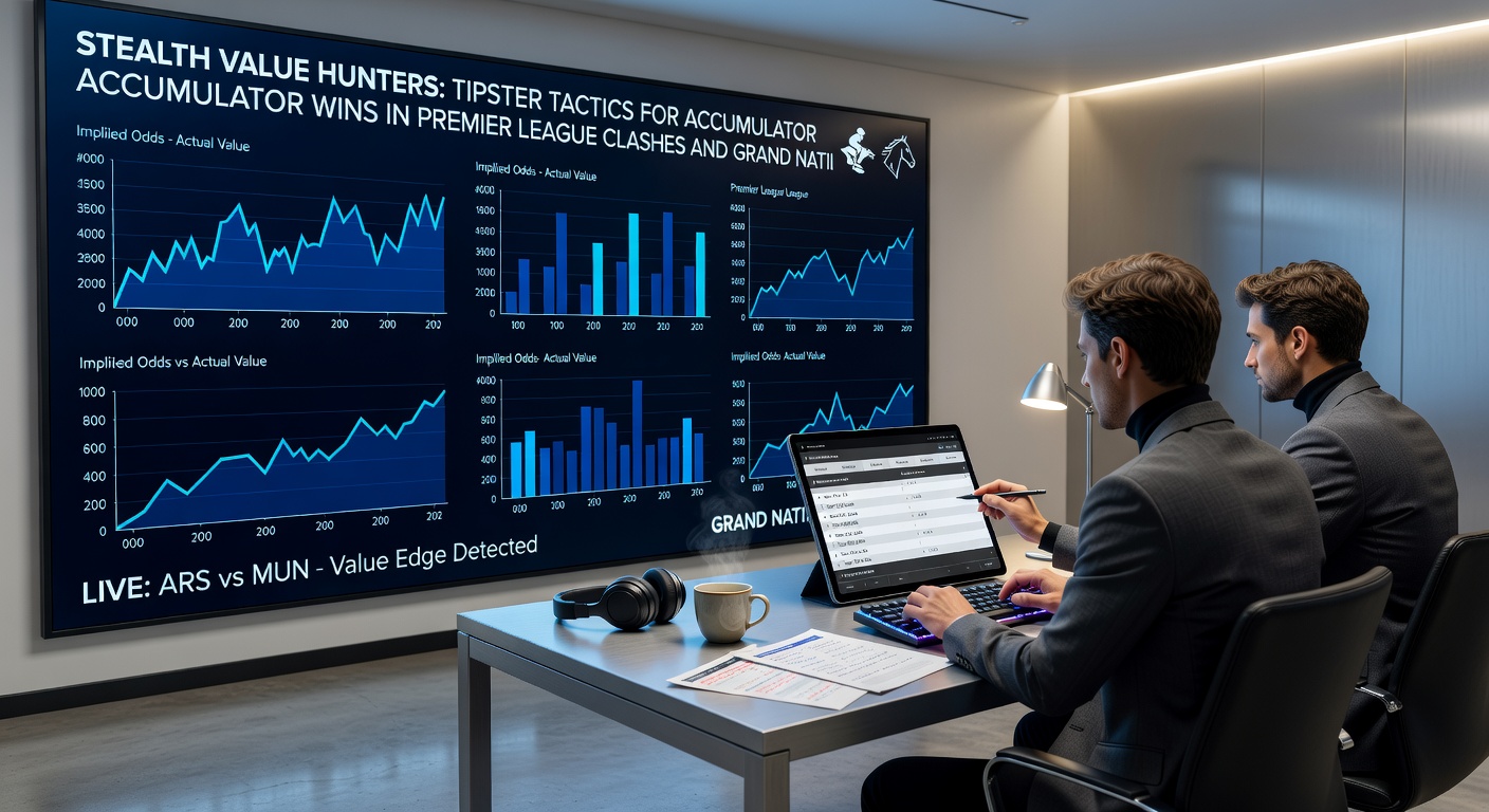 Grand National runners thundering past iconic fences, with overlaid graphics showing accumulator odds building from Premier League legs
