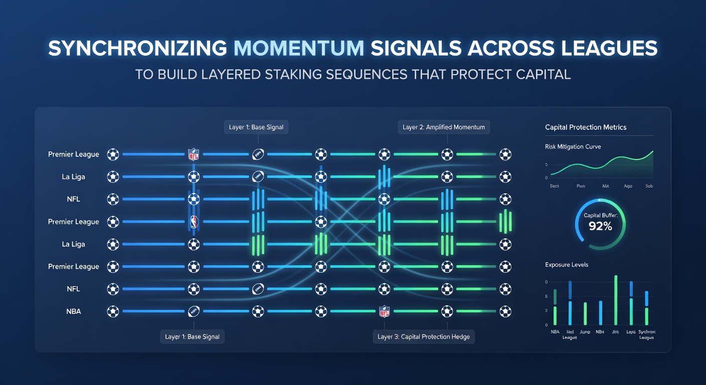 Layered staking sequence diagram showing cross-league momentum confirmation points and capital protection thresholds