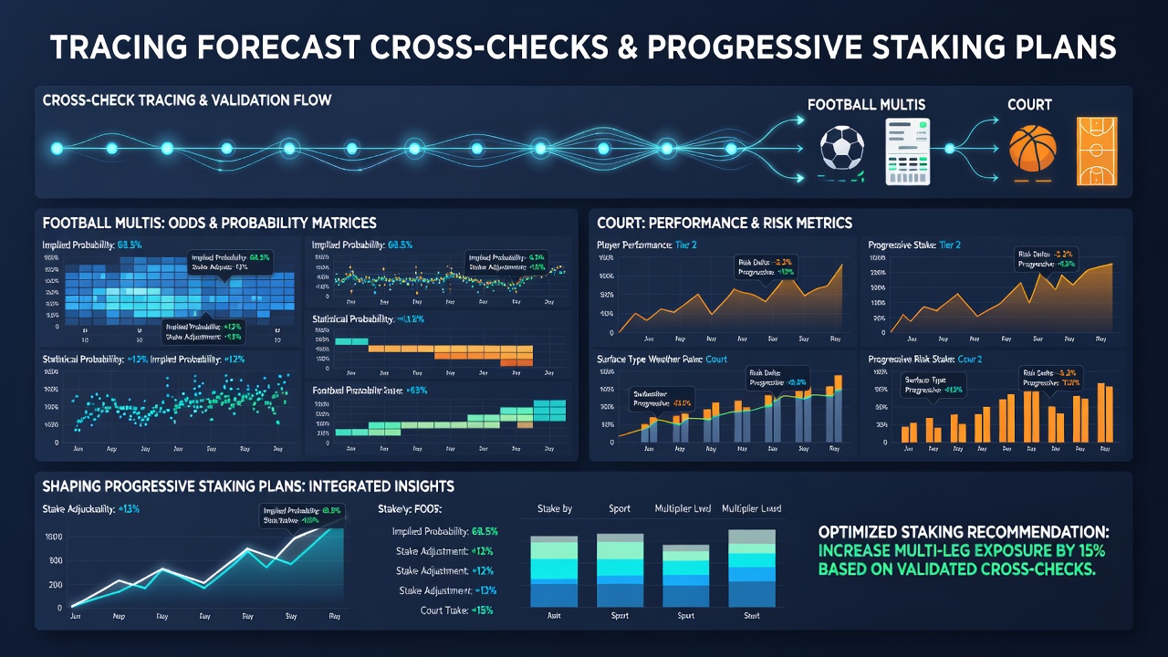 Progressive staking adjustments displayed on betting analytics dashboard for multis and court events